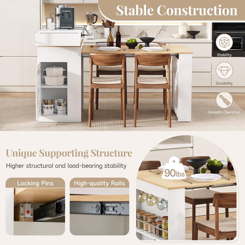 Extendable Dining Table with Folding Tabletop & Power Outlet, Modern Kitchen Island Sideboard with Wheels, Hidden Drawers & USB Charging, Sturdy Buffet Table for Small Spaces (Black)