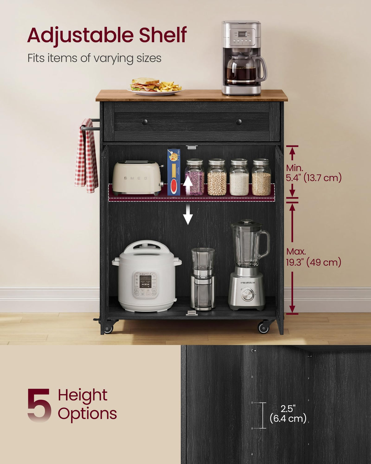 VASAGLE Mobile Kitchen Wooden Island Cart with Storage for Dining Room