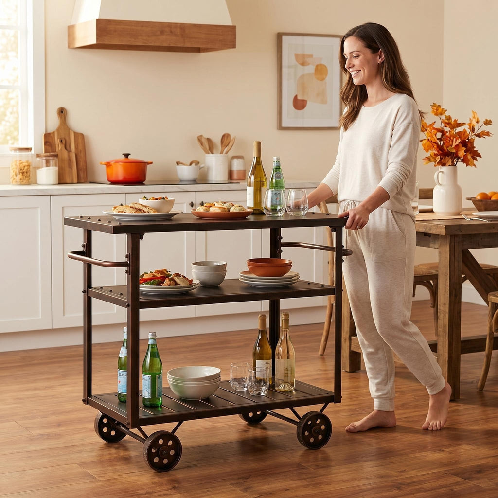 Vintage Rolling Bar Cart on Wheels Industrial Mobile Serving Cart Metal and Wood Design for Kitchen Bar Office Coffee House 36.2" Lx15.75 Wx30.5 H 3 Tier with 2 Side Handle