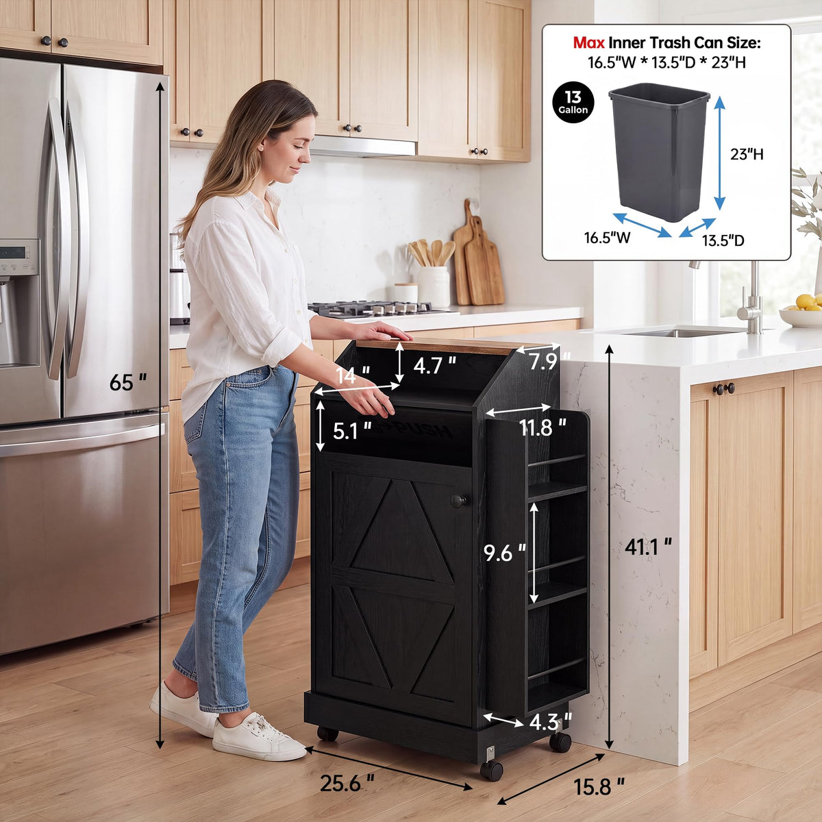 YESHOMY Kitchen Island on Wheels with Trash Cabinet, White & Brown
