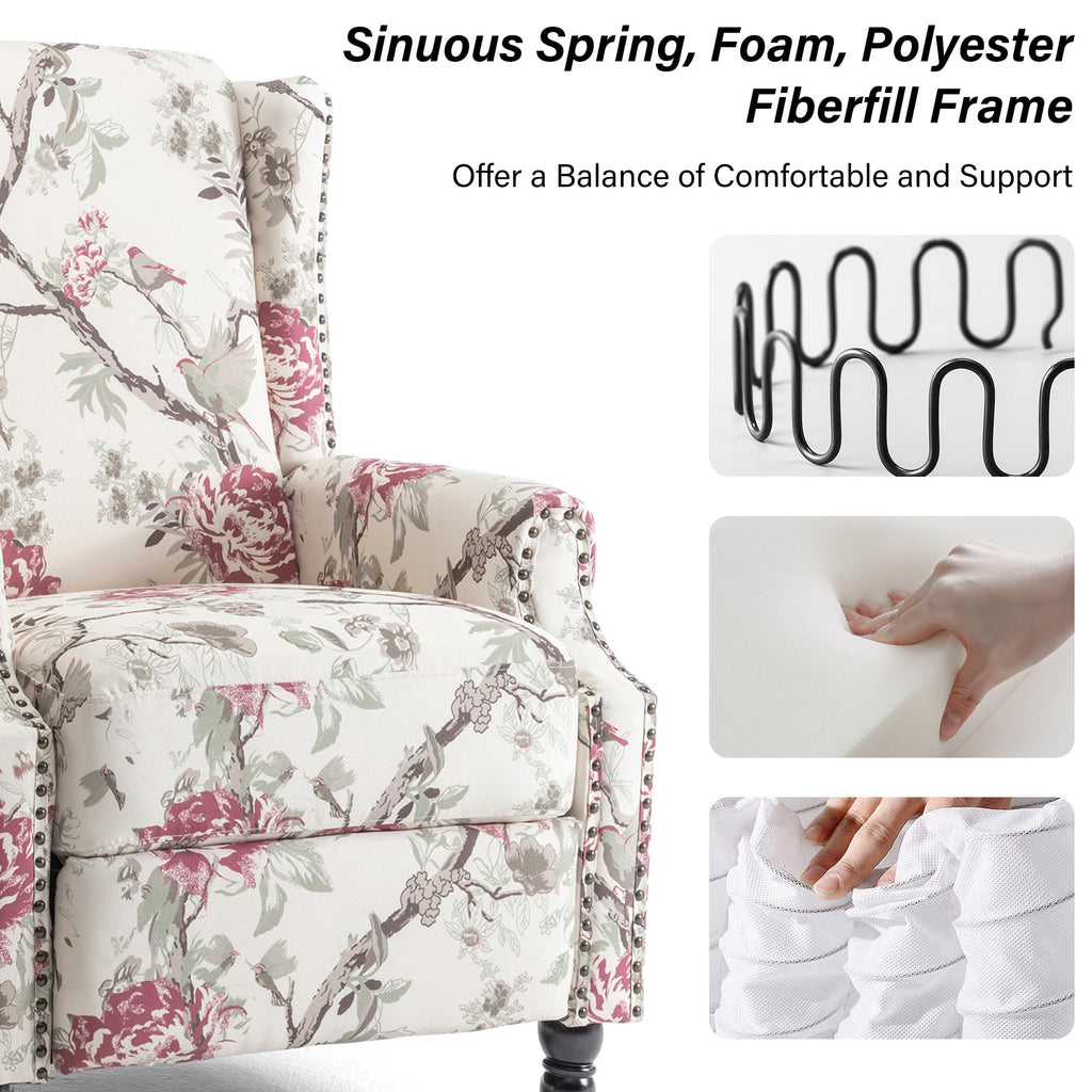 Wingback Floral Pushback Recliner Chair, Plants Beige, Set of 2