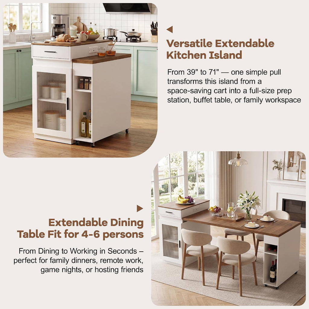 71''Kitchen Island with Extendable Dining Table for 2-4,Double-Side Storage