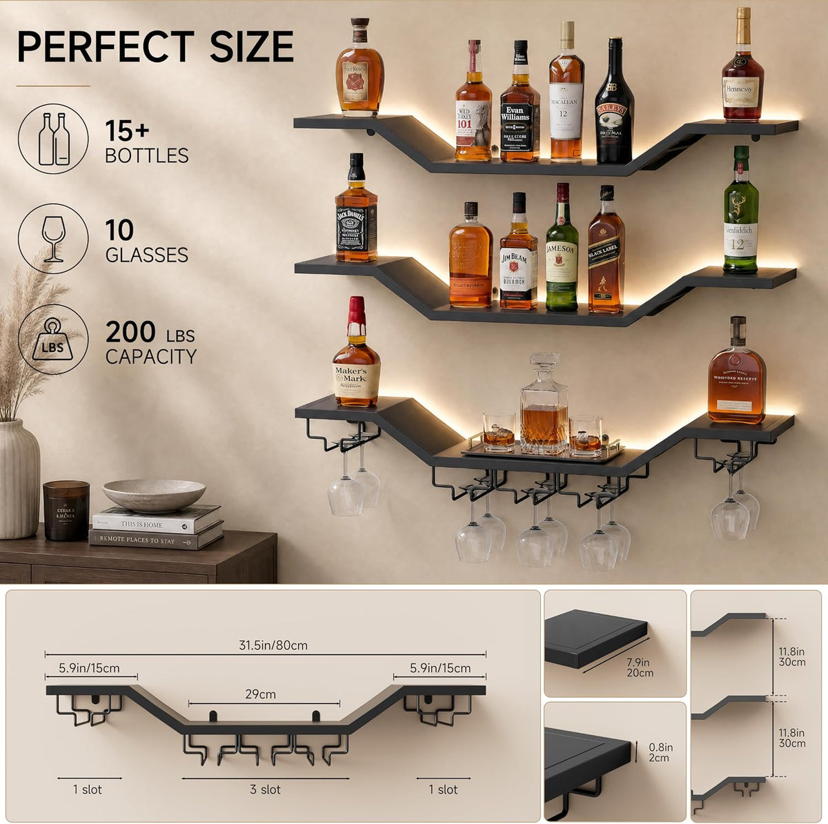 31.5" Wall Mounted Wine Rack with LED, 3-Tier Floating Bar Shelves