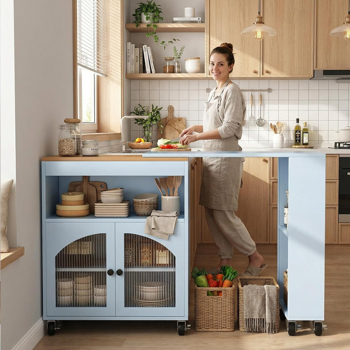 Rolling Kitchen Island with 360Â° Swivel Dining Table 71"-39" Extendable