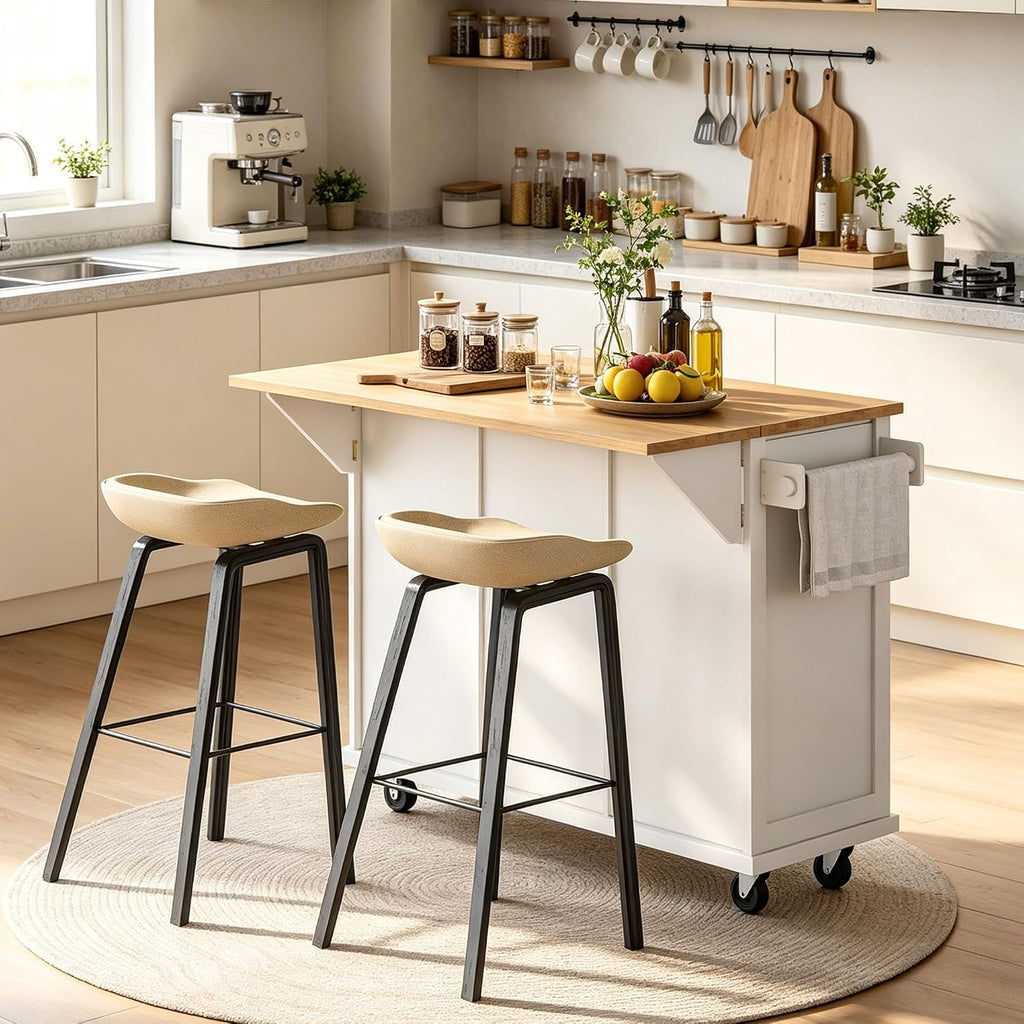 Rolling Kitchen Island with Rubber Wood Drop Leaf Countertop, Kitchen Cart on 5 Wheels with Storage Cabinet, 3 Drawers, Towel & Spice Rack, Mobile Kitchen Table for Dining Room Apartment, White
