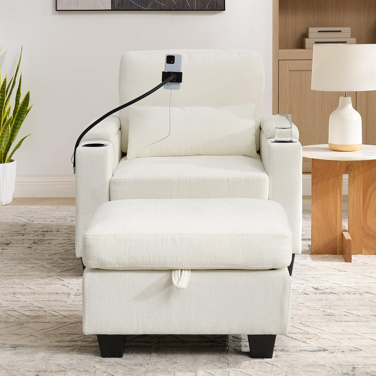 Oversized Chaise Lounge Chair Indoor, Single Convertible Recliner Reading Arm Sofa Chair W/Adjustable Backrest & Charging Port Couch Bed for Living Room, Home Theater & Bedroom, Brown