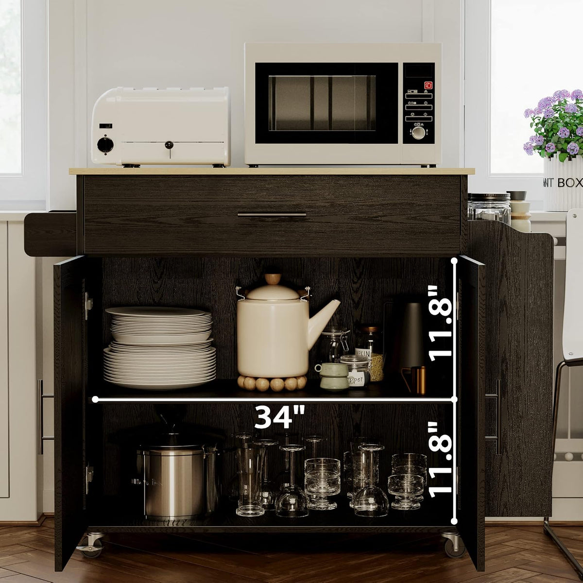 IRONCK Kitchen Island with Storage, Charging Station and Drop Leaf, Black