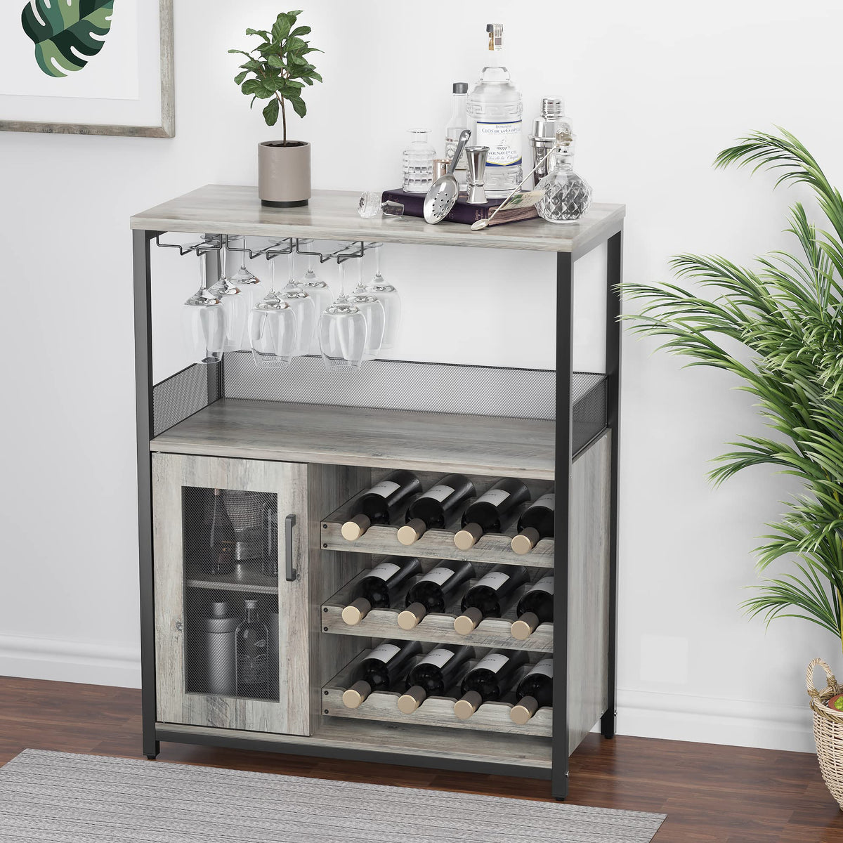Wine Bar Cabinet, 3-Tier Detachable Wine Rack, Stemware Glass Holder, Mesh Door & Storage Shelves, Liquor Storage Buffet Sideboard for Kitchen, Dining Room, Living Room or Home Bar - Black