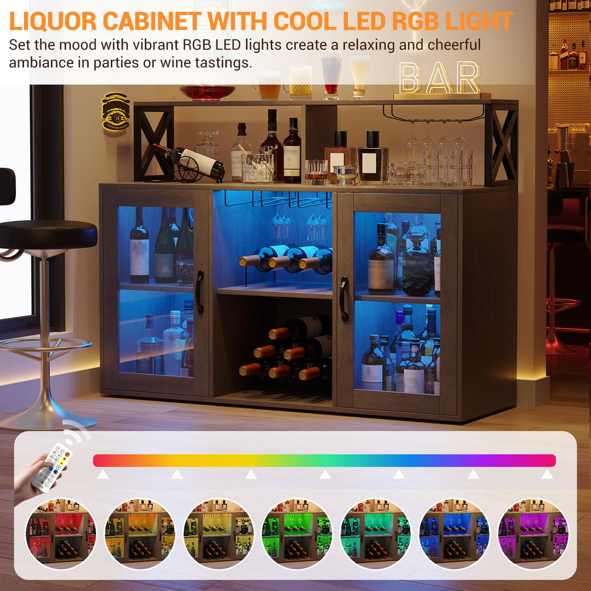 Garvee Wine Cabinet with LED Light, Bar Cabinet with Wine Rack, Glass Holder, and Power Outlets, for Living Room Dining Room, Black