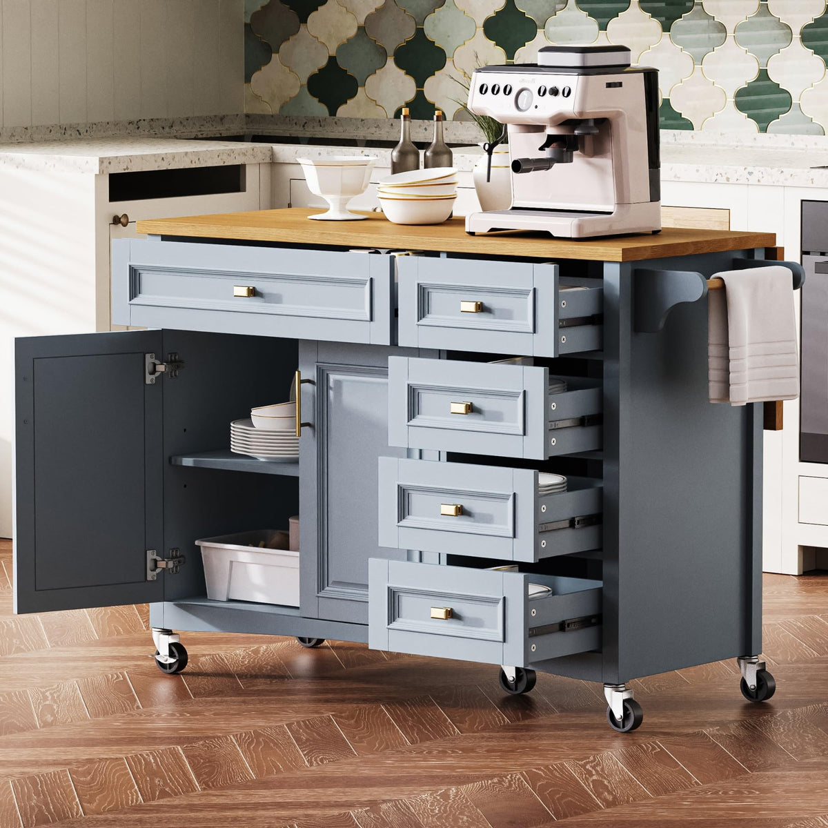 Large Kitchen Island with Rubber Wood Drop Leaf and Silver Handle