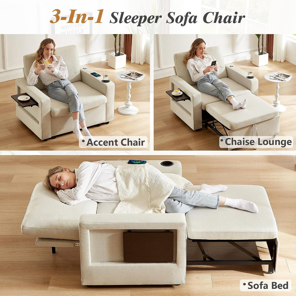 WEUP 3-in-1 Sleeper Sofa Chair Bed, 42.5" W Convertible Sleeper Chair with Pull Out Bed, USB Charging Ports & Wing Table, Cup Holder, Adjustable Backrest, Side Pockets (Premium, Beige)