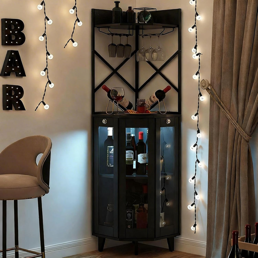 COCO DESIGN All Black Corner Wine Cabinet, Lockable Glass Door with Light