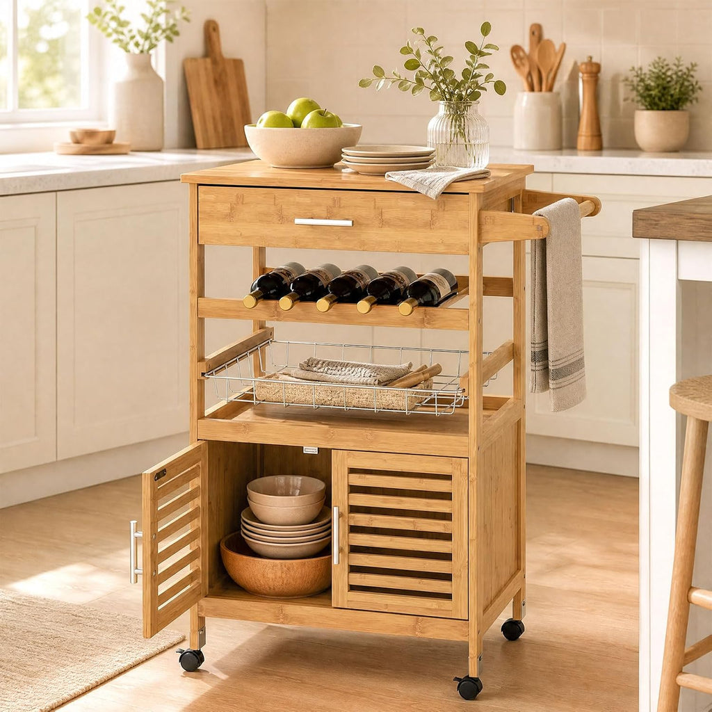 GIANTEX 27" Bamboo Kitchen Island Cart with Storage, Drawer, Wine Rack