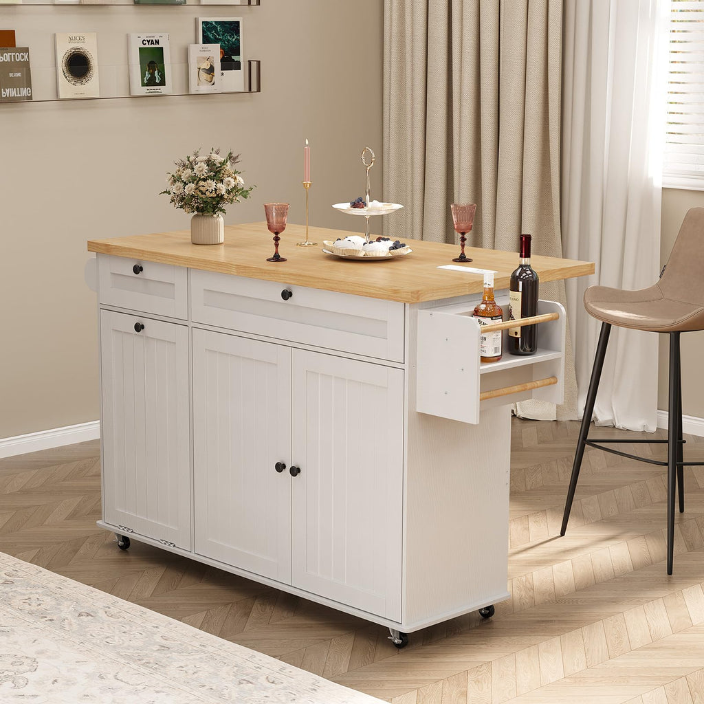 ComfyCorner 60" Rolling Large Kitchen Island on Wheels with Extendable Table, Drop Leaf & Power Outlet, Mobile Kitchen Cart with Storage Cabinet, 2 Drawers, Spice Rack, Towel & Knife Holder, Green