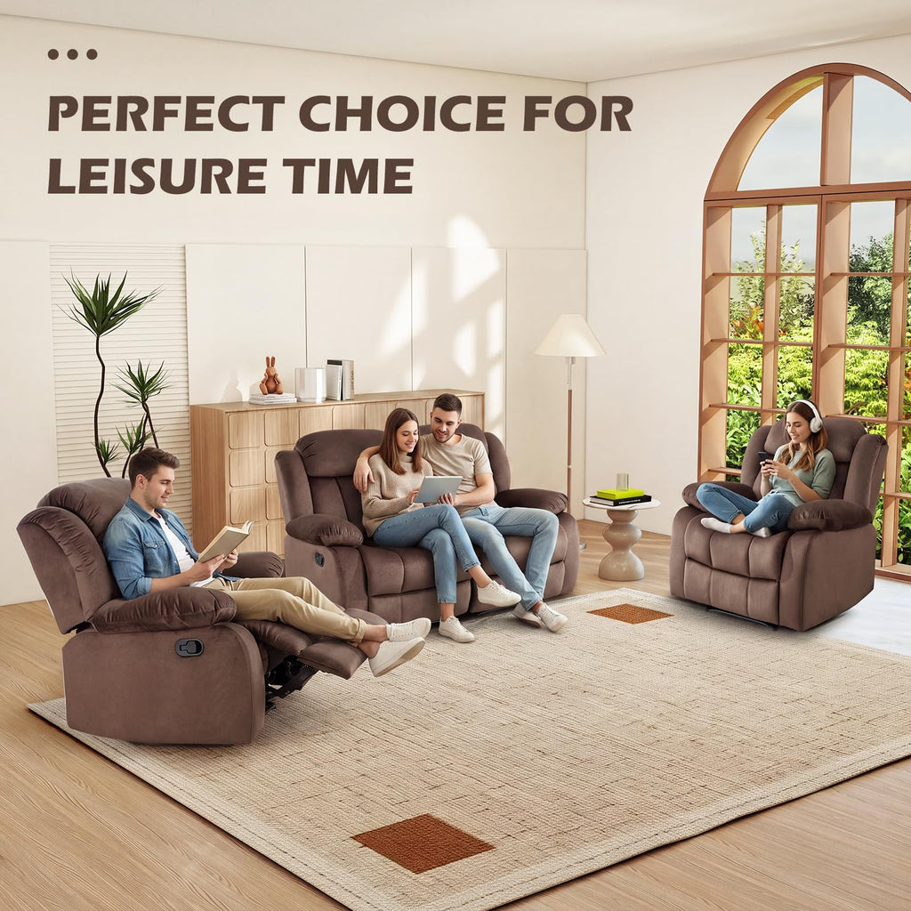 INZOY Manual Recliner Chair with Padded Armrest, Wall-Hugger Single Sofa Recliners with Overstuffed Back, Classical Fabric Reclining Chairs for Living Room Theater Seating, Brown