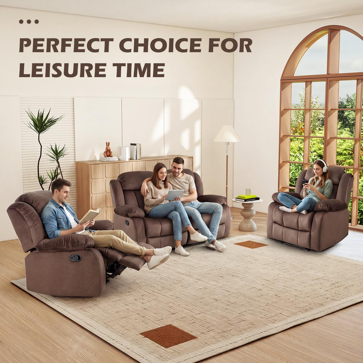 INZOY Manual Recliner Chair with Padded Armrest, Wall-Hugger Single Sofa Recliners with Overstuffed Back, Classical Fabric Reclining Chairs for Living Room Theater Seating, Brown