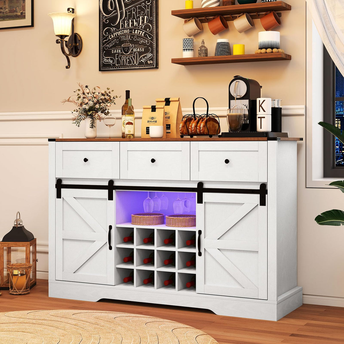GIANTEX Wine Bar Cabinet with LED Lights, 52" Buffet Sideboard w/Sliding Barn Door, 3 Drawer, Adjustable Shelf, 12 Bottle Wine Rack & Glass Holder, Farmhouse Coffee Station for Living Room