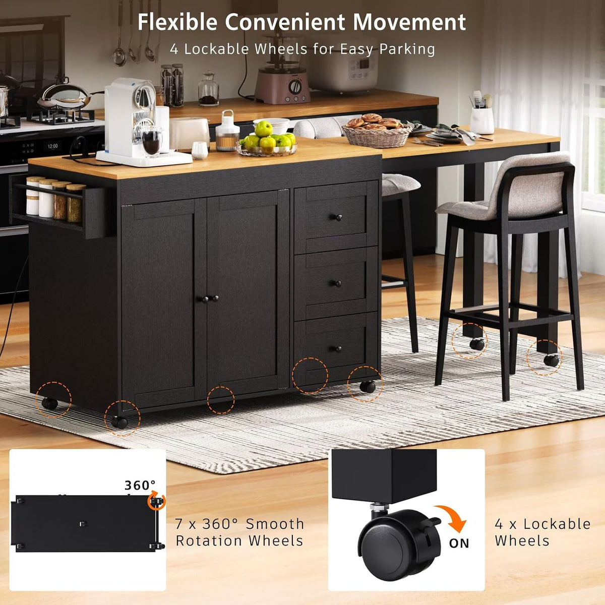 Large Kitchen Island with Extended Dining Table and Power Outlet, Rolling Kitchen Storage Cart with 3 Drawers, Kitchen Island on Wheels with Spice Rack and 2 Door Cabinet, Black