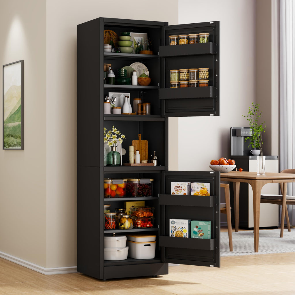 67" Tall Metal Pantry Cabinet, Narrow Freestanding Storage Cabinet, Black