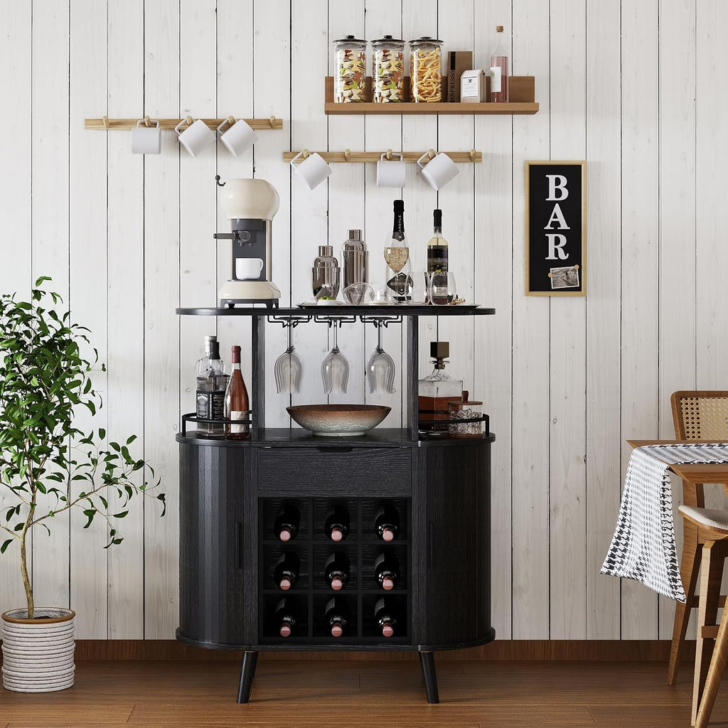 31.5" Black Bar Cabinet with Wine Rack & Sliding Door