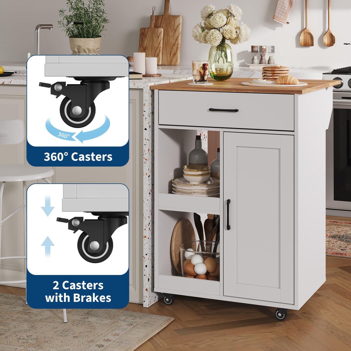 OUTLANE Kitchen Island with Drop Leaf, Rolling Storage Cart on Wheels