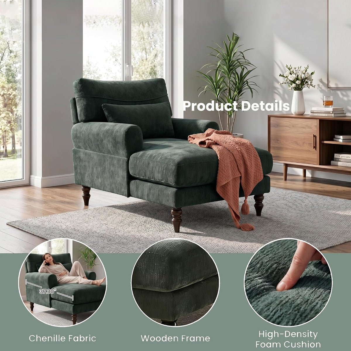 35" Modern Chenille Chaise Lounge Chair (Green)