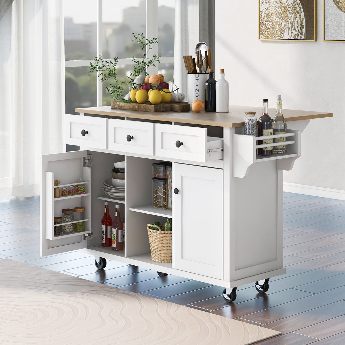Ball & Cast Farmhouse Kitchen Island with Power Outlet,Dining Storage Island with Drop Leaf,Spice Rack and Drawer,Rolling Dining Cart on Wheels for Home,Kitchen,Dining Room,White,54"