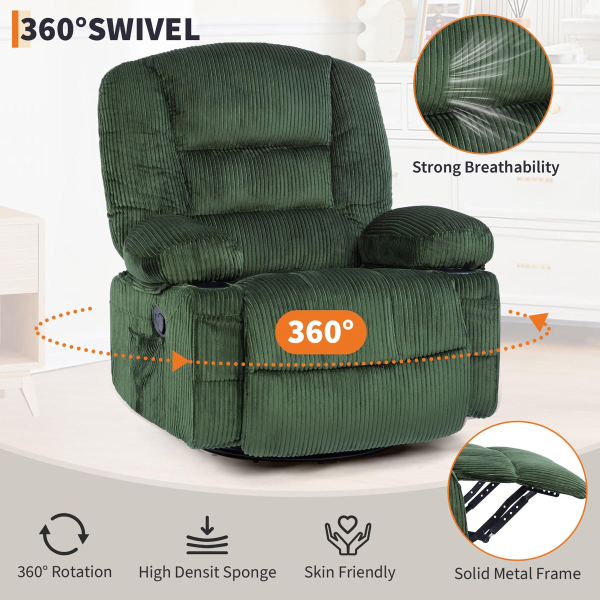 Garvee Oversized Recliner Chair,Extra Wide 360Â° Swivel Rocker Massage Heat