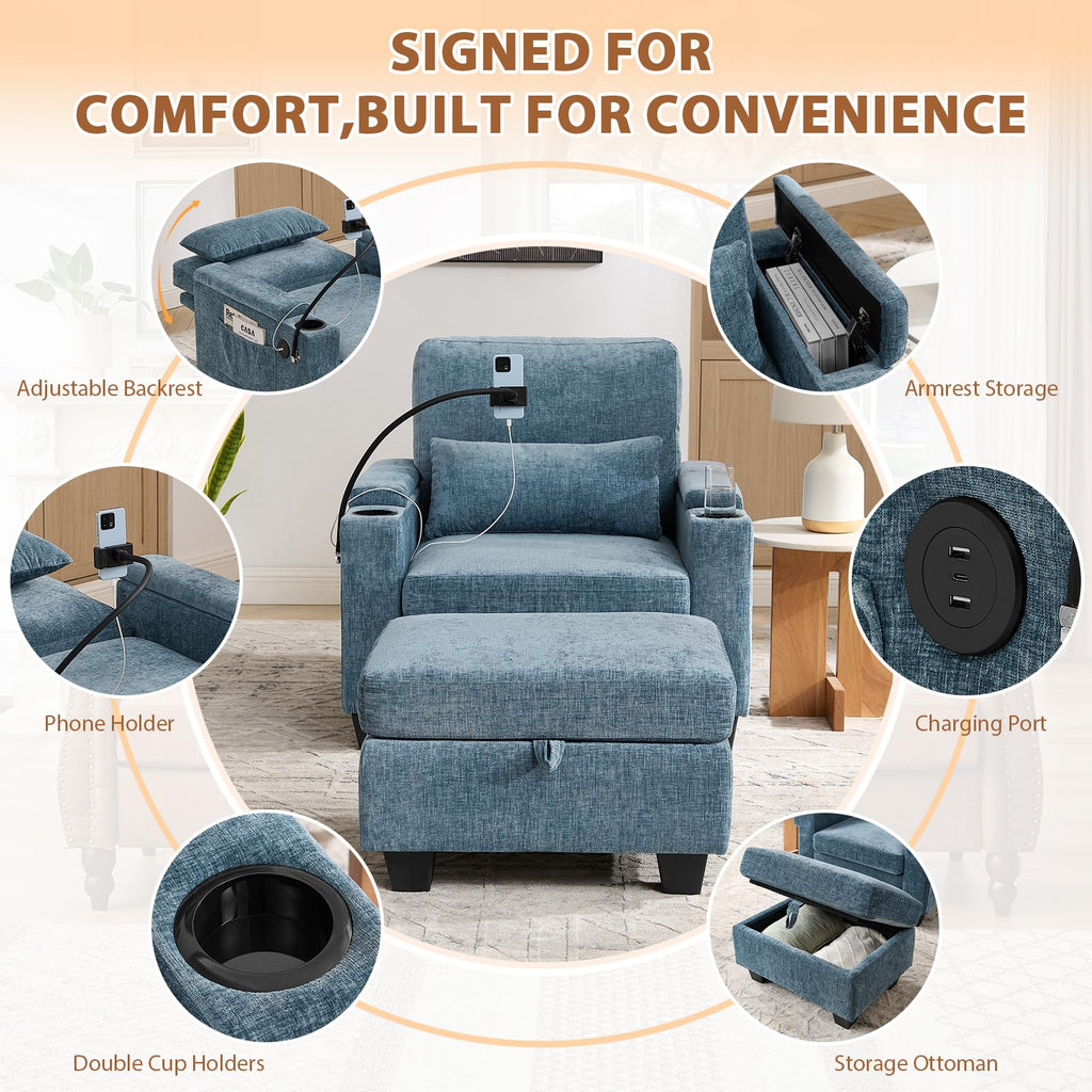 Oversized Chaise Lounge Chair Indoor, Single Convertible Recliner Reading Arm Sofa Chair W/Adjustable Backrest & Charging Port Couch Bed for Living Room, Home Theater & Bedroom, Brown