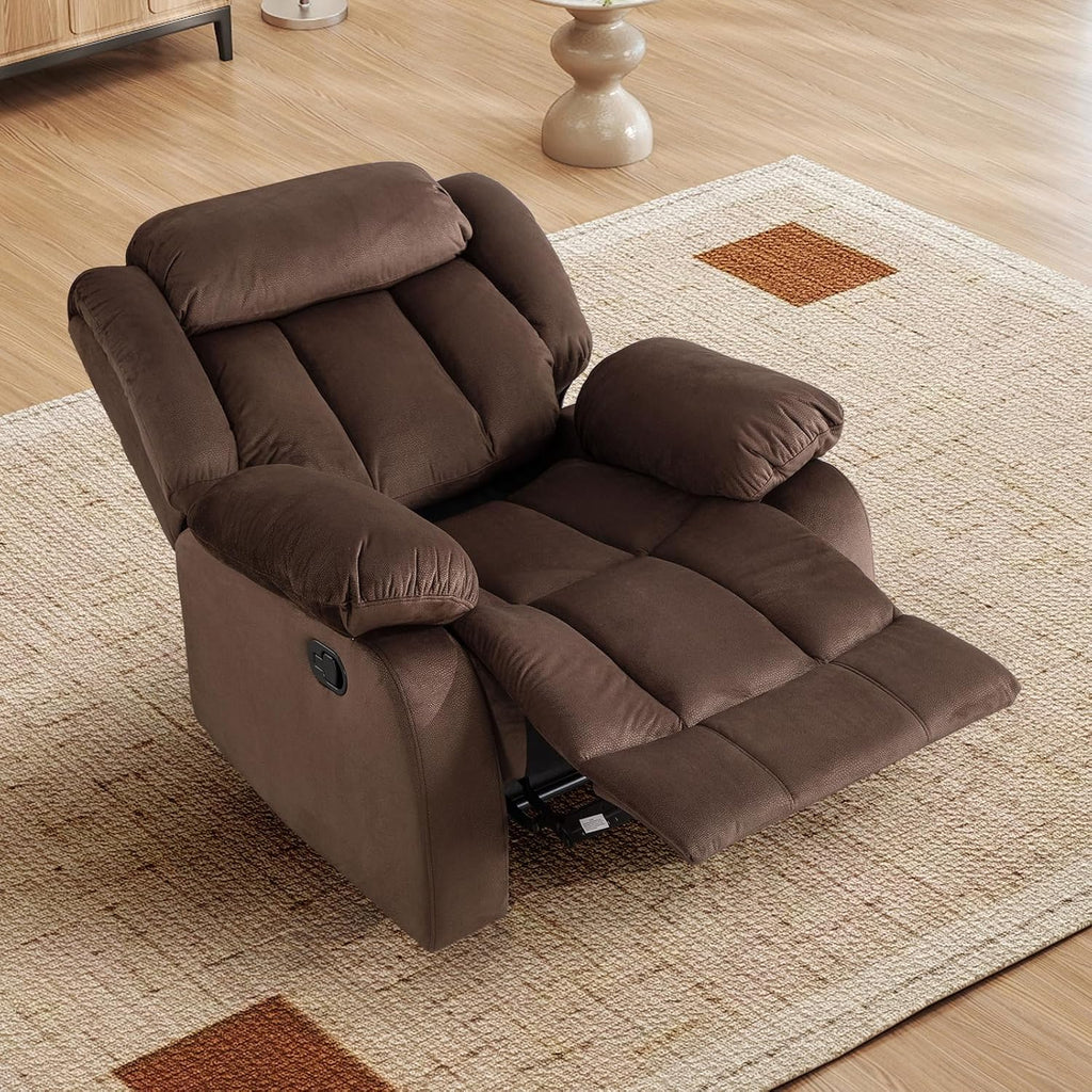 INZOY Manual Recliner Chair with Padded Armrest, Wall-Hugger Single Sofa Recliners with Overstuffed Back, Classical Fabric Reclining Chairs for Living Room Theater Seating, Brown