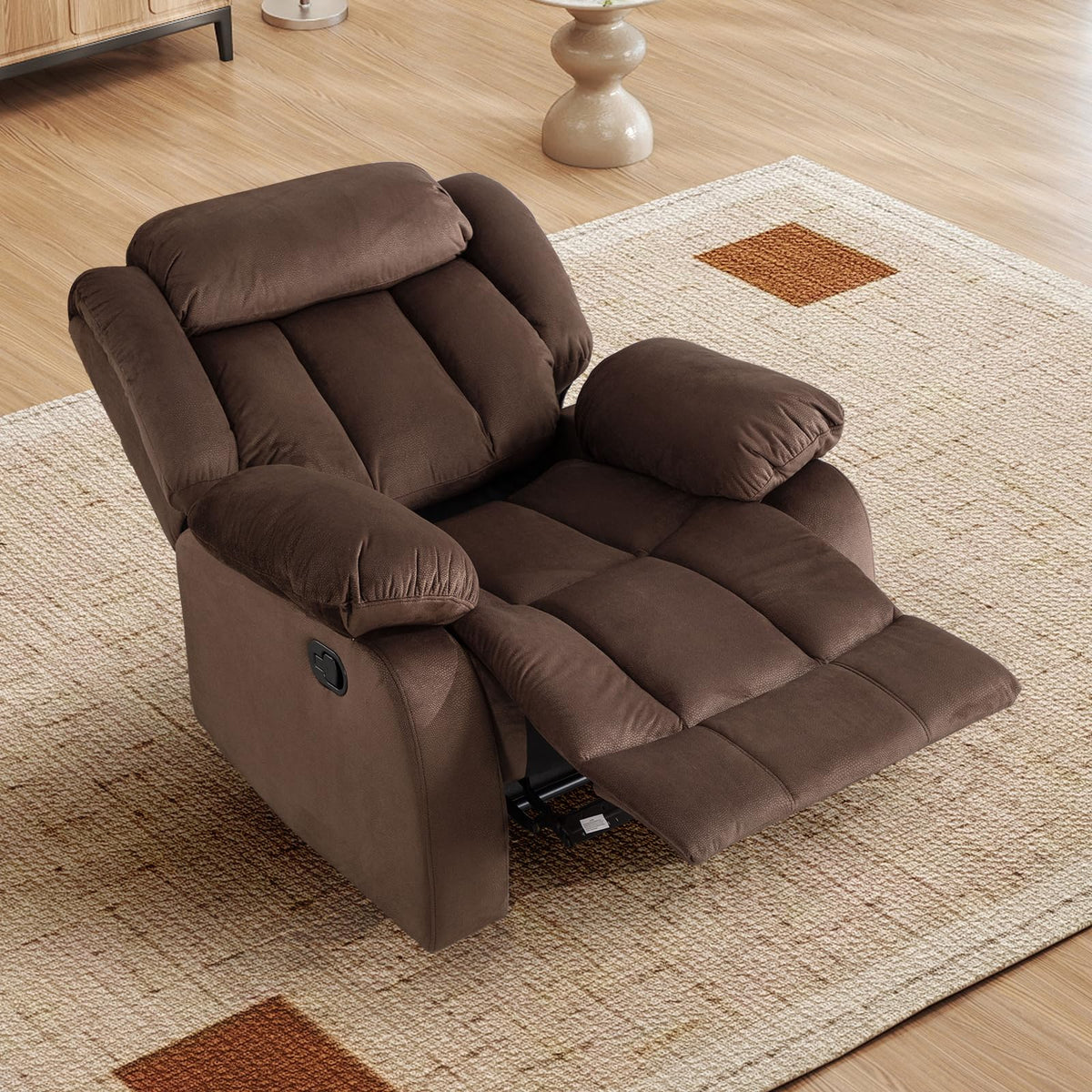 INZOY Manual Recliner Chair with Padded Armrest, Wall-Hugger Single Sofa Recliners with Overstuffed Back, Classical Fabric Reclining Chairs for Living Room Theater Seating, Brown