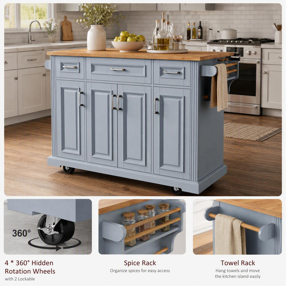 Large Kitchen Island with Rubber Wood Drop Leaf and Silver Handle