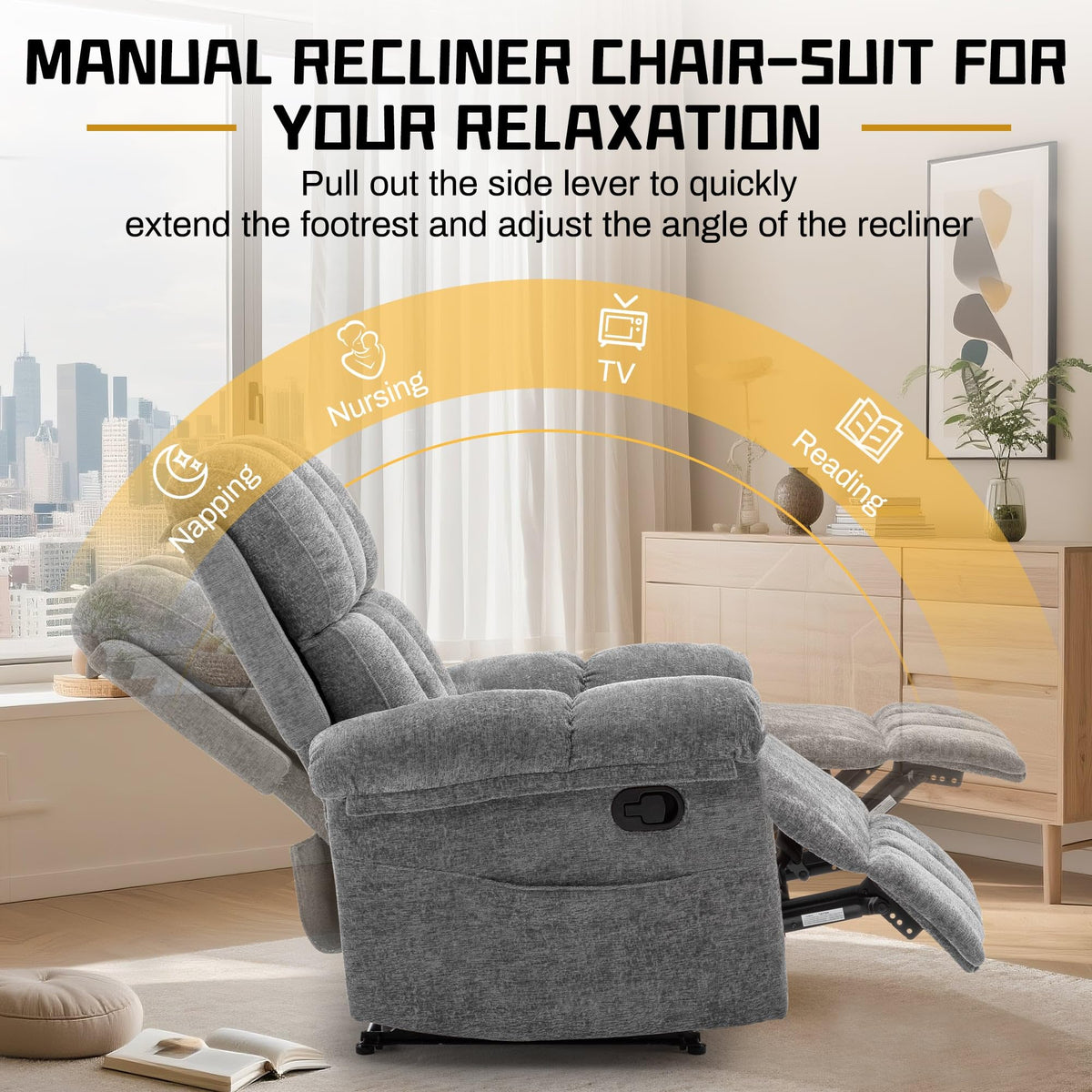 Korser Recliner Chair, Living Room Recliner Chairs for Adults, Small Recliners for Small Spaces, Upholstered Manual Recliner with Side Pockets, Comfy Nursery Chair for Living Room, Chenille, Beige