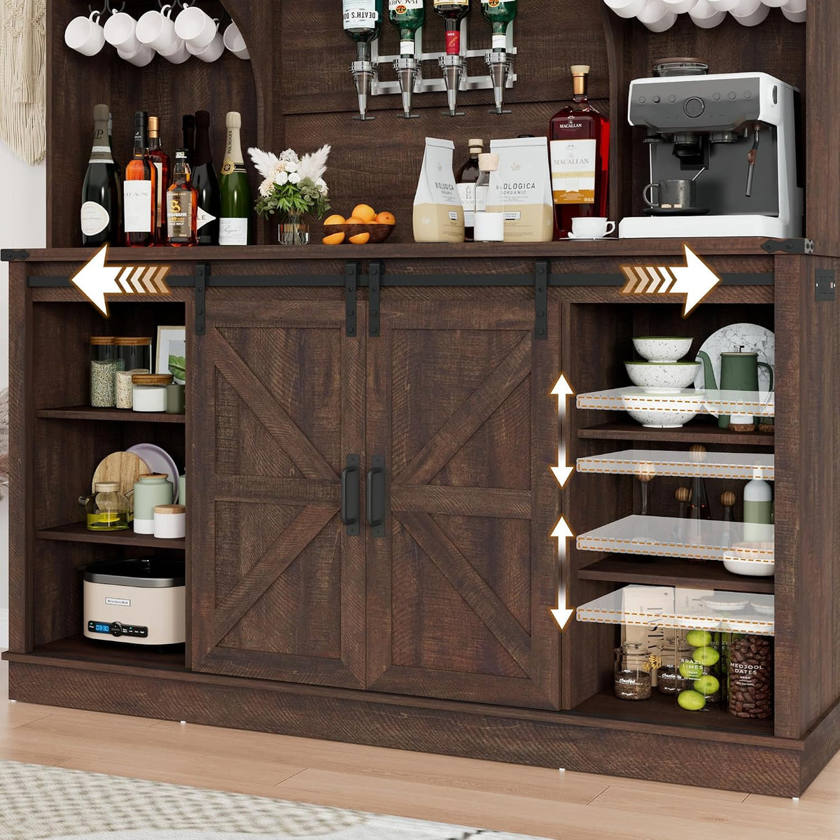 Farmhouse Coffee Bar Cabinet with LED Light, Charging Station, Brown