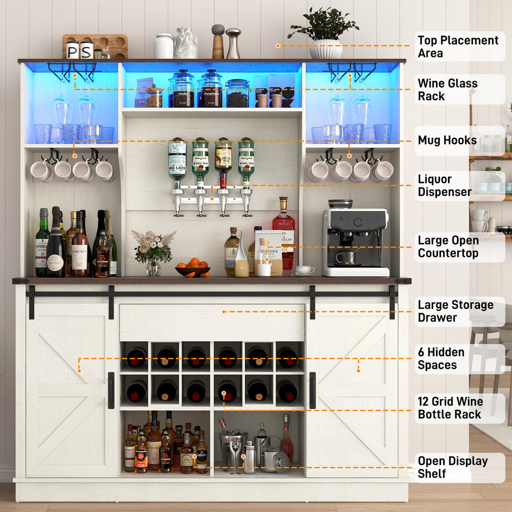 Farmhouse Coffee Bar Cabinet with LED Light, Charging Station, Brown