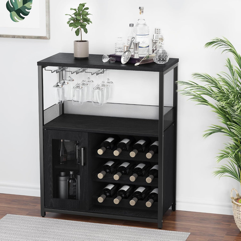 Wine Bar Cabinet, 3-Tier Detachable Wine Rack, Stemware Glass Holder, Mesh Door & Storage Shelves, Liquor Storage Buffet Sideboard for Kitchen, Dining Room, Living Room or Home Bar - Black