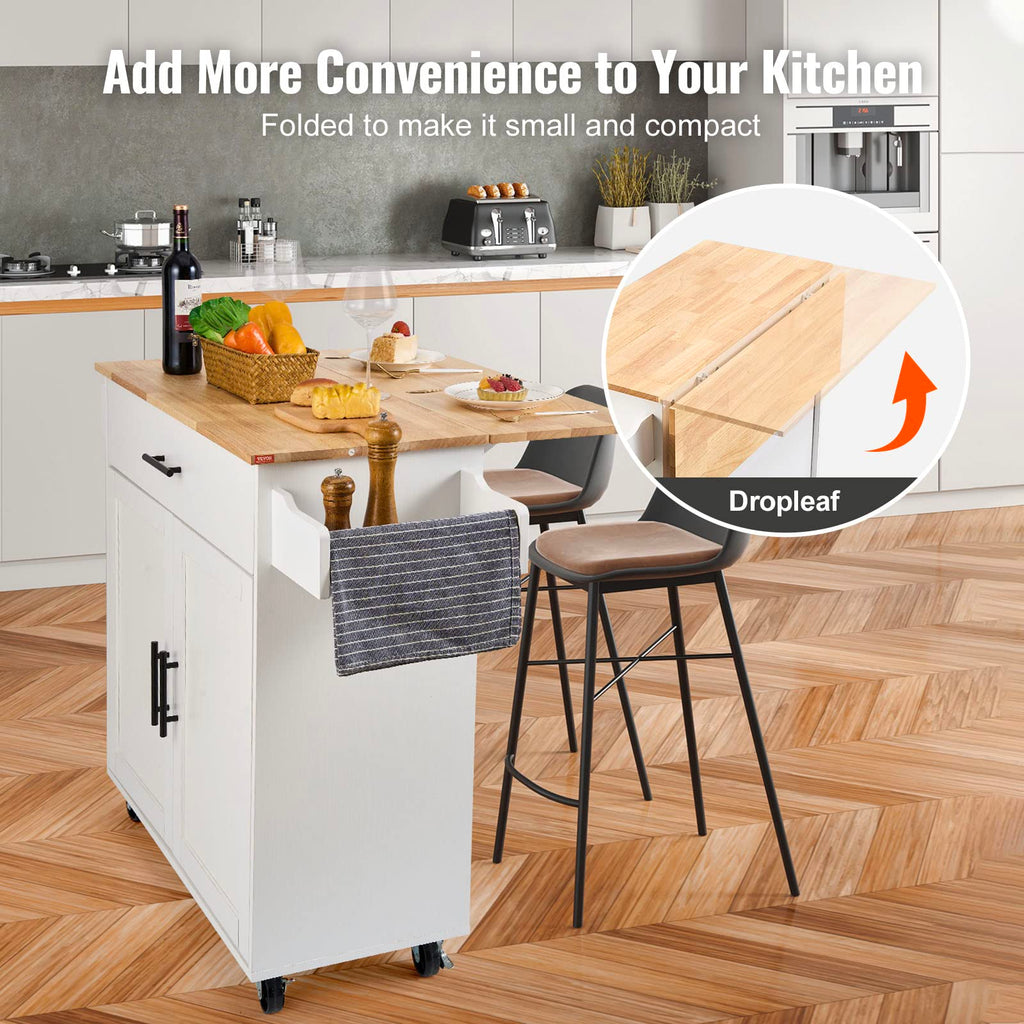 VEVOR Kitchen Island Cart with Storage, 47.64 in Wide Mobile Rolling Storage Island on Swivel Wheels, with 2 Drawers, Storage Cabinet, Drop Leaf, Towel Rack, Table for Home Dining Room, White