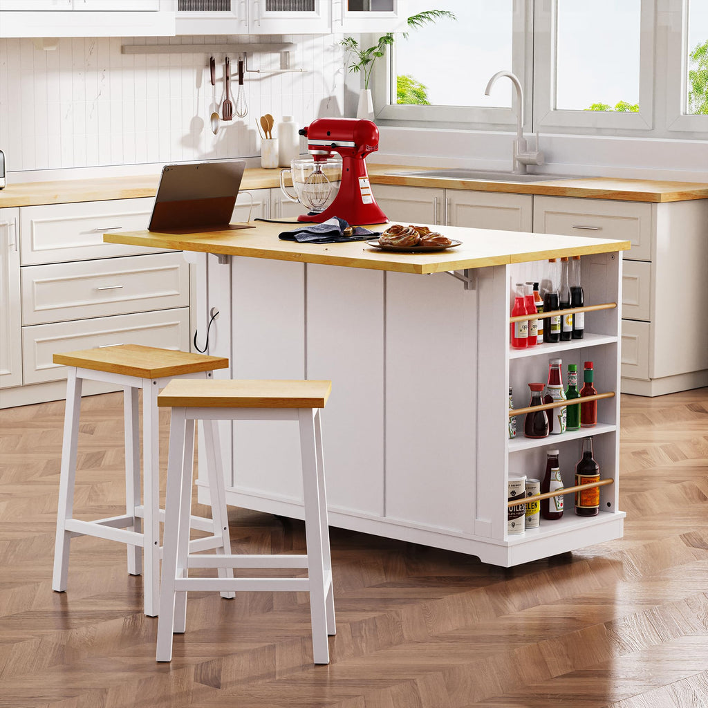 53" Large Kitchen Island with Drop Leaf & Power Outlet, Rolling Kitchen Cart on 5 Wheels with Internal Door Storage Rack, 5 Open Side Racks, 3 Drawers, 2 Doors for Kitchen Dining Room