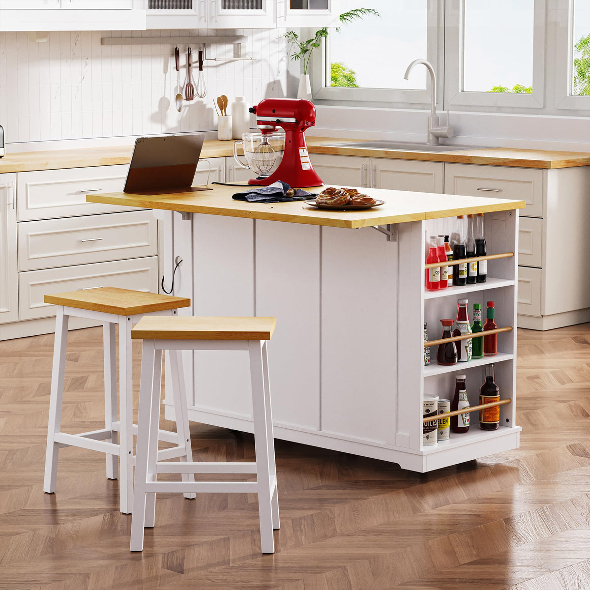 53" Large Kitchen Island with Drop Leaf & Power Outlet, Rolling Kitchen Cart on 5 Wheels with Internal Door Storage Rack, 5 Open Side Racks, 3 Drawers, 2 Doors for Kitchen Dining Room