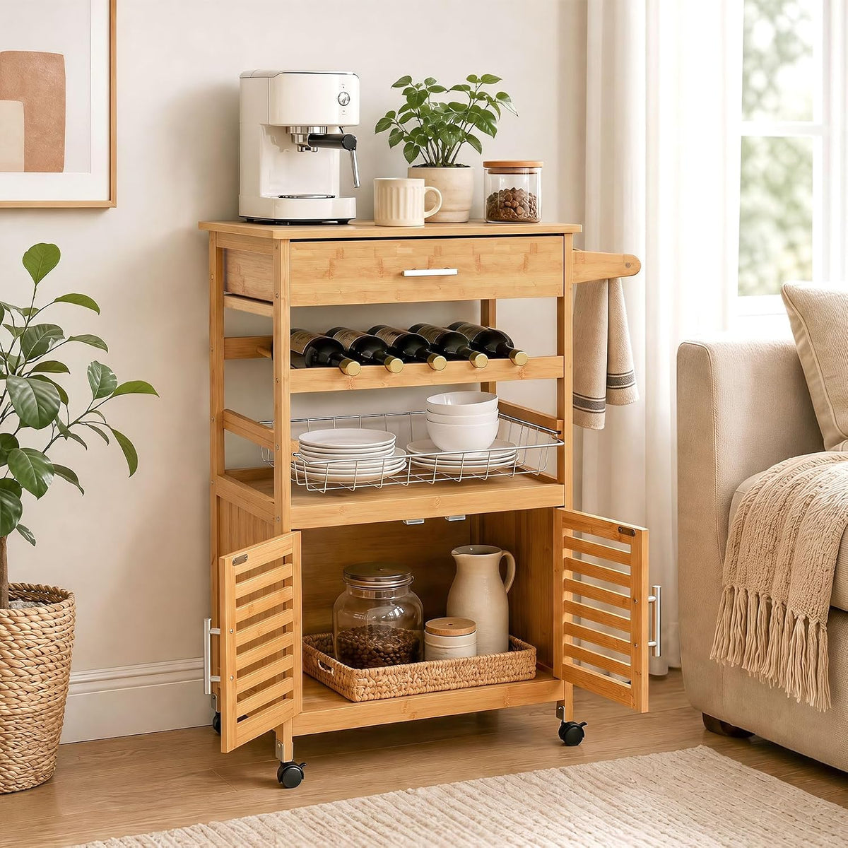 GIANTEX 27" Bamboo Kitchen Island Cart with Storage, Drawer, Wine Rack