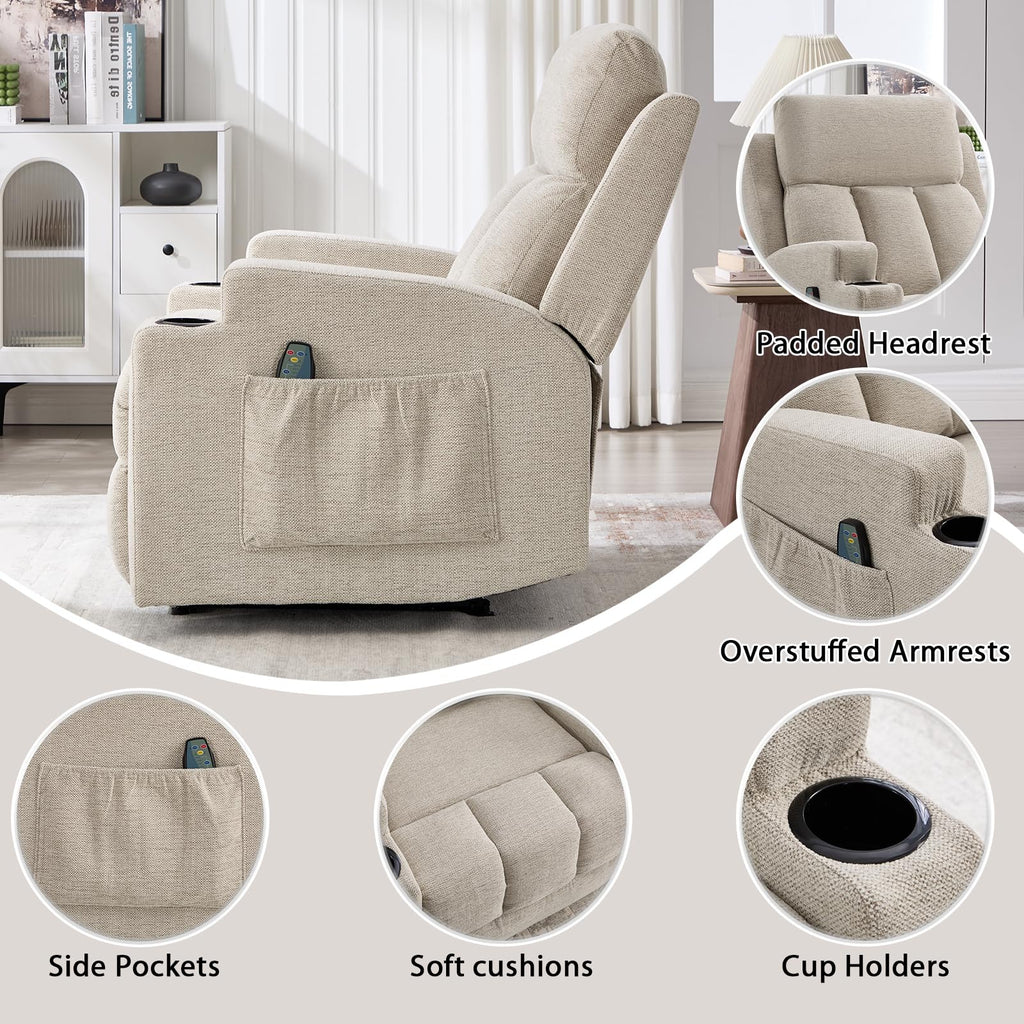 CANMOV Manual Recliner Chair with Massage and Heat, Soft Fabric Recliner Chair with Overstuffed Arm and Back, Manual Reclining Single Sofa with 2 Cup Holders, Side Pocket for Living Room, Dark Grey