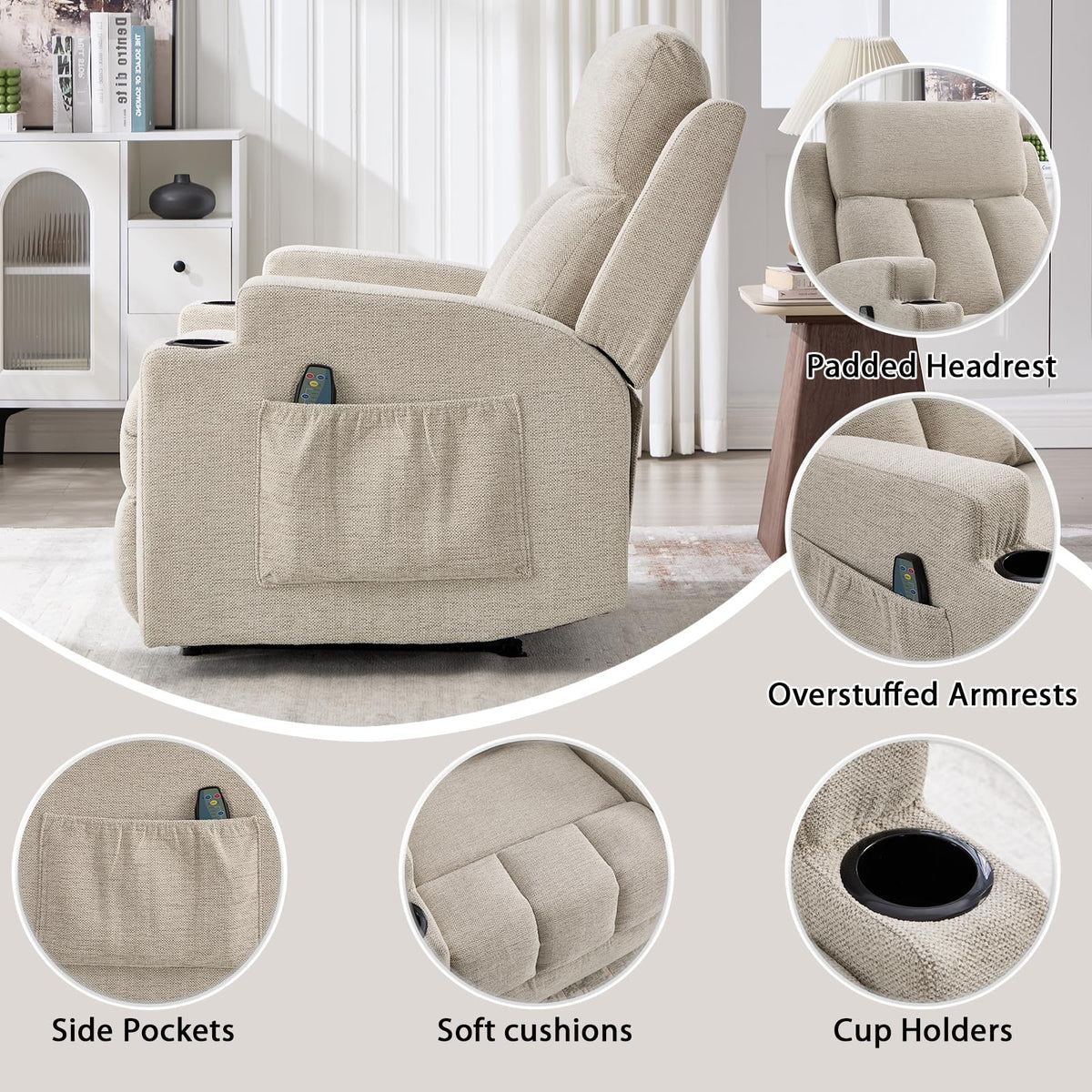 CANMOV Manual Recliner Chair with Massage and Heat, Soft Fabric Recliner Chair with Overstuffed Arm and Back, Manual Reclining Single Sofa with 2 Cup Holders, Side Pocket for Living Room, Dark Grey