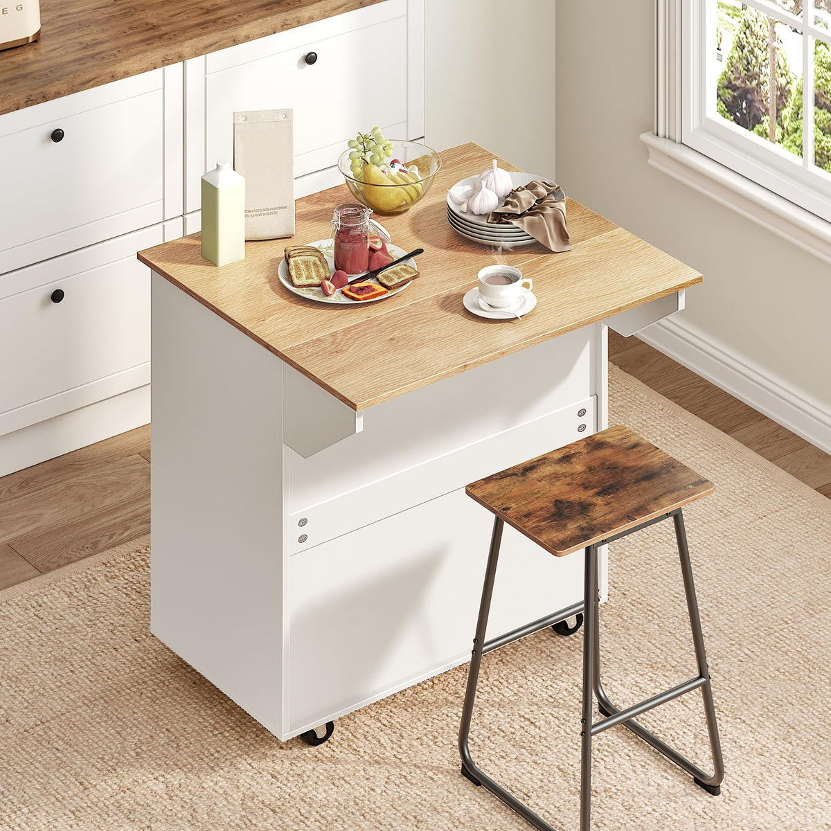 MAHANCRIS Kitchen Island on Wheels with Drop Leaf, Folding Countertop Kitchen Island Cart, Kitchen Island Table with Towel Rack, Drawer, for Kitchen, Dining Room, White and Walnut KIBZ12501