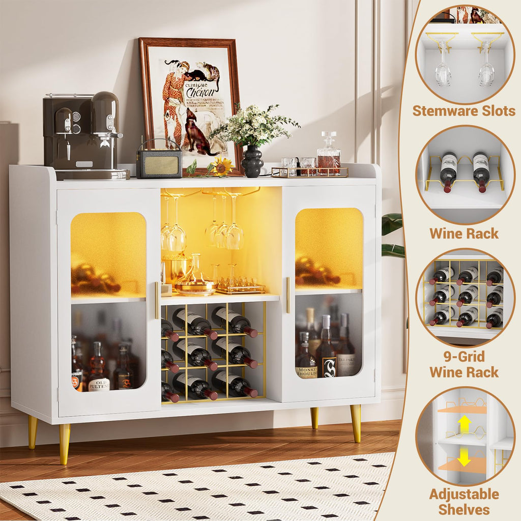 iSunirm Wine Bar Cabinet with Power Outlet & LED Light, Black Oak