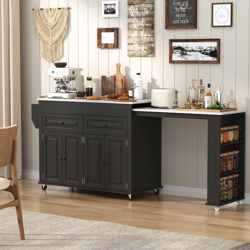 80"-48" Extendable Kitchen Island with Extended Dining Table and Power Outlet,Large Mobile Kitchen Storage Islands with 2 Storage Drawers,Rolling Islands Cart with 3 Extra Rows Open Shelves(Brown)