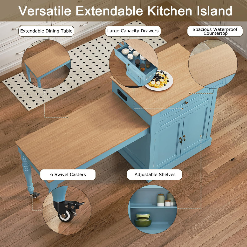 HLR 72" Kitchen Island with Extendable Table for 2-4, Island Table for Kitchen with Power Outlet and Storage Slide Out Legs, Rolling Islands Cart with 2 Doors (White)