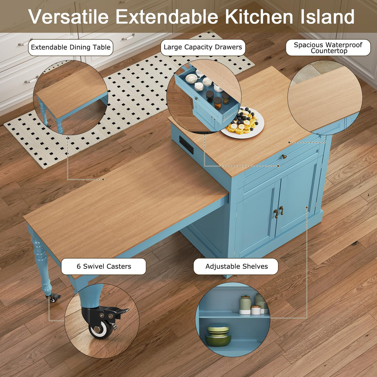 HLR 72" Kitchen Island with Extendable Table for 2-4, Island Table for Kitchen with Power Outlet and Storage Slide Out Legs, Rolling Islands Cart with 2 Doors (White)
