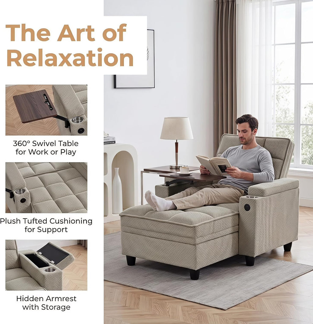 Convertible Sleeper Chair, Pull Out Sofa Bed with Adjustable Backrest & Hidden Storage Armrest, Single Sofa Recliner with USB Charging Port & Cup Holders for Living Room, Bedroom, Khaki