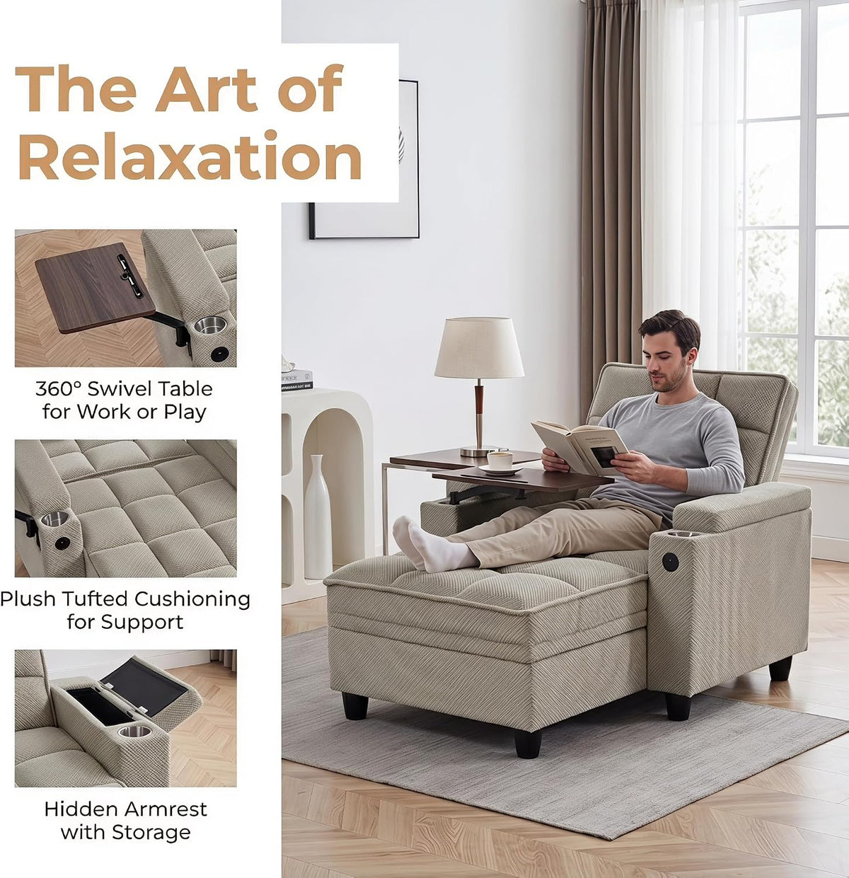 Convertible Sleeper Chair, Pull Out Sofa Bed with Adjustable Backrest & Hidden Storage Armrest, Single Sofa Recliner with USB Charging Port & Cup Holders for Living Room, Bedroom, Khaki