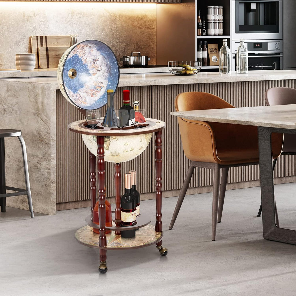Goplus Globe Bar, 17.5â Globe Bar Liquor Cabinet with Wheels, Bottom Shelf, Old World Map, 16th Century Italian Replica Bar Globe, Retro Wine Stand, Globe Bar Cart for Dining Room Living Room Home